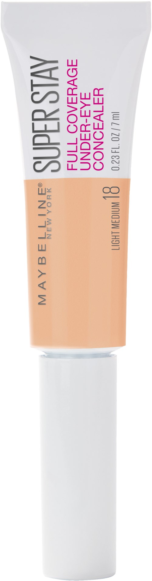En tub med Maybelline Super Stay Full Coverage foundation i beige färg. Den har en vit lock och rosa och svart text.