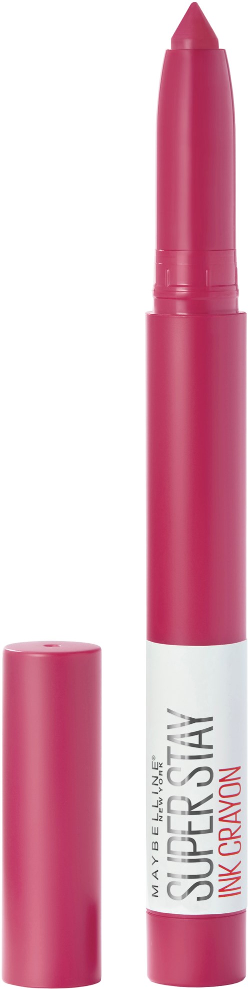 En rosa läppstiftkräm med vit etikett som säger "Superstay Ink Crayon." Kapen är avlägsnad, visar läppstiftet.