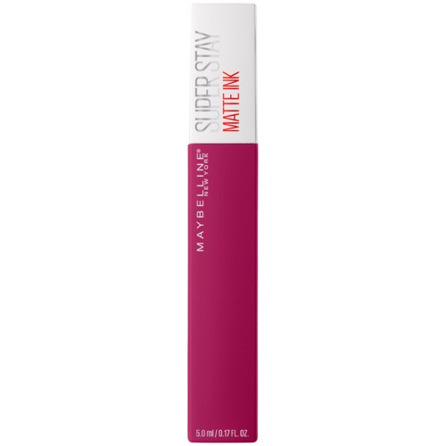 En rosa och vit läppstiftförpackning från Maybelline, märkt 'Super Stay Matte Ink', 5 ml storlek.