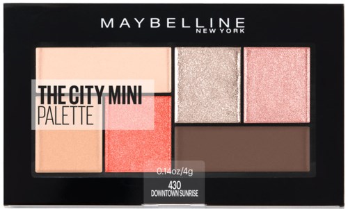 Maybelline New York palette with five shades, including pink, brown, and shimmer colors for makeup.