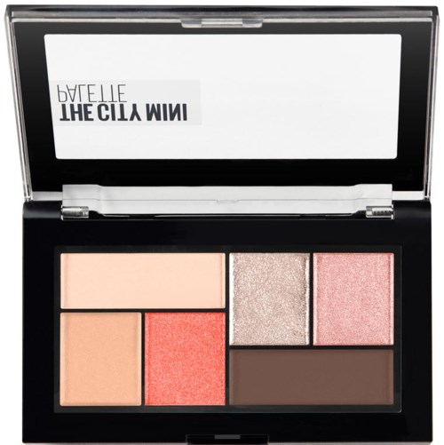 Makeup palette with six different shades, including pink, beige, brown, and shimmery colors.