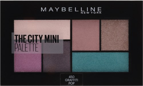 Maybelline New York Palette mit sechs Lidschattenfarben in Rosa-, Lila-, Braun- und Türkiston.