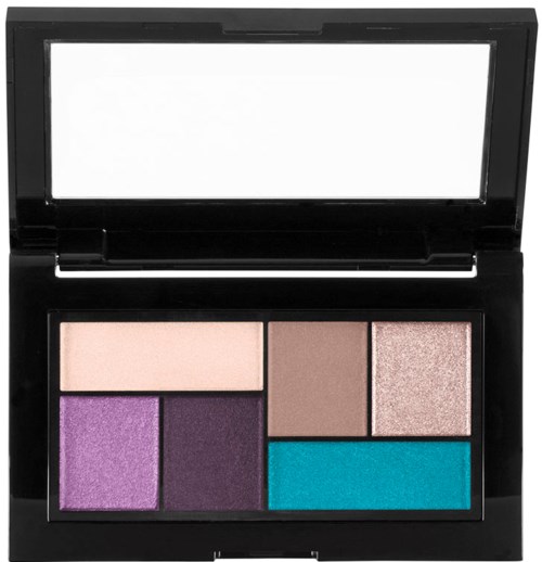 Ein Make-up-Palette mit fünf farbigen Lidschatten: Lila, Dunkelviolett, Pink, Braun und Türkis. Sie hat einen Spiegel auf dem Deckel.