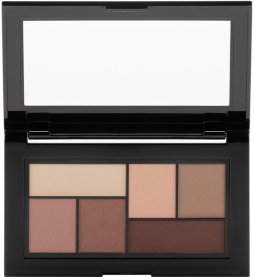 Eine Make-up-Palette mit sechs Farbtönen, darunter Pink, Braun und Beige, in einem schwarzen Gehäuse mit Spiegel.