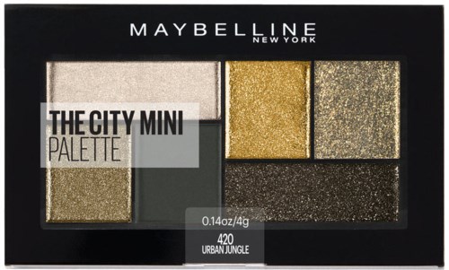 Maybelline Mini-Augenpalette mit vier goldenen und neutralen Tönen in einer schwarzen Hülle.