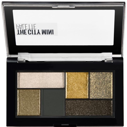 Eine Makeup-Palette mit fünf glitzernden und matten Tönen in Schwarz, Gold und Silber im schwarzen Etui.