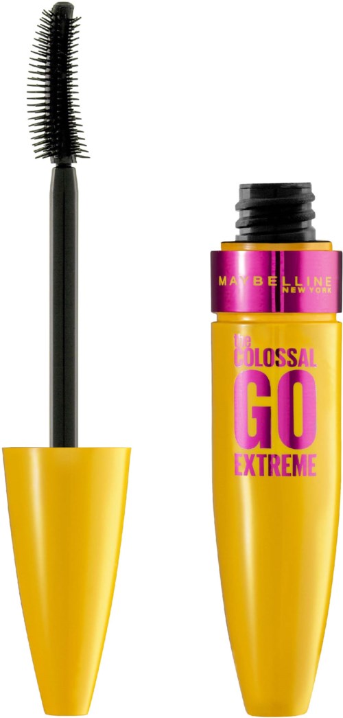 Ein Mascara-Bürste mit gelbem Griff und eine Flasche Mascara in Gelb und Pink mit "GLOSSFUL GO EXTREME" Beschriftung.
