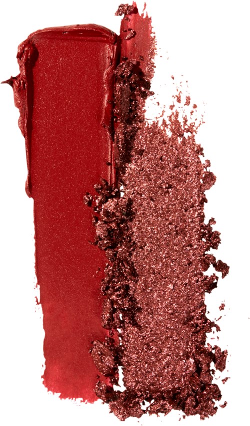 Een rode lippenstiftspoor gemengd met gekneusde glitter, deels gesmeerd op witte achtergrond.