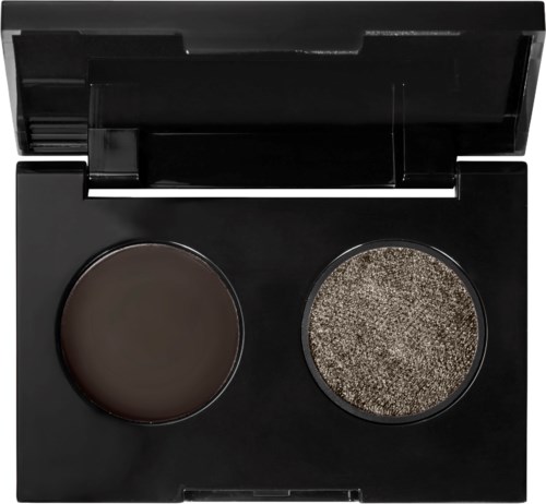 Zwarte make-up palette met twee ronde vakken, een leeg en één gevuld met bruin oogschaduw.