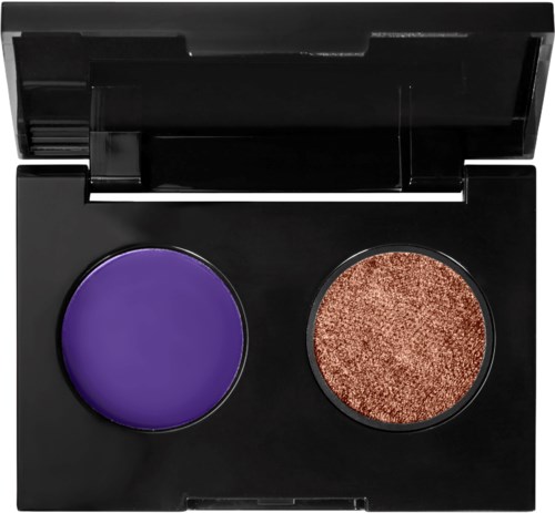 Een make-up compact met paarse oogschaduw en goudbruine glitters oogschaduw met spiegel.
