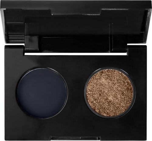 Een make-up compact met twee tinten: een donker en mat, de andere glanzend brons.