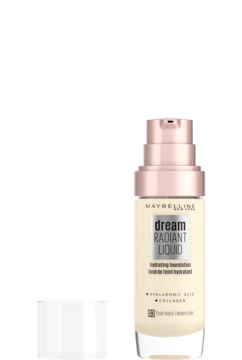 A Maybelline Dream Radiant Liquid foundation bottle with a rose gold pump and attached cap.