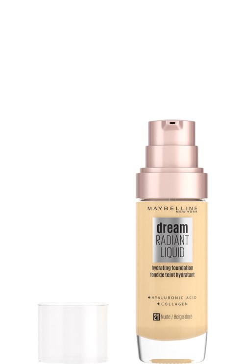 A bottle of Maybelline Dream Radiant Liquid foundation with a pump, a white cap, and a beige label.