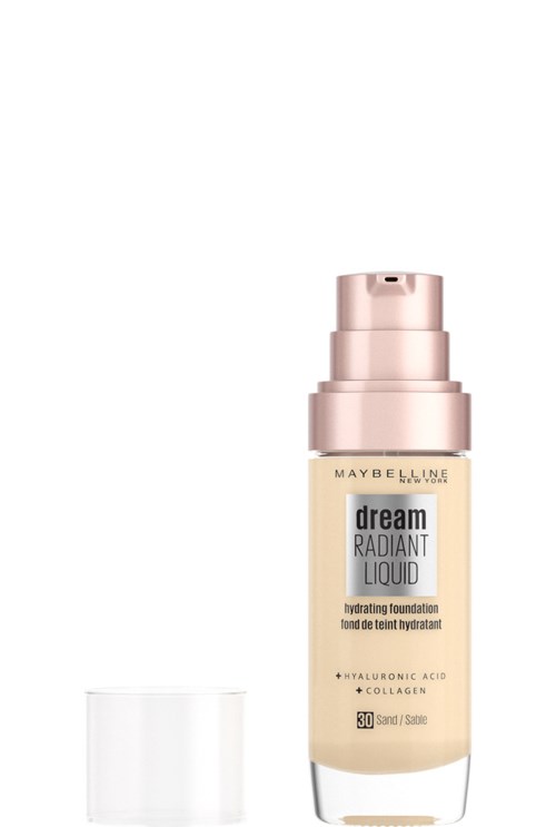 Eine Flasche Maybelline Dream Radiant Liquid Foundation mit Pumpe, als feuchtigkeitsspendend mit Hyaluronsäure und Kollagen.