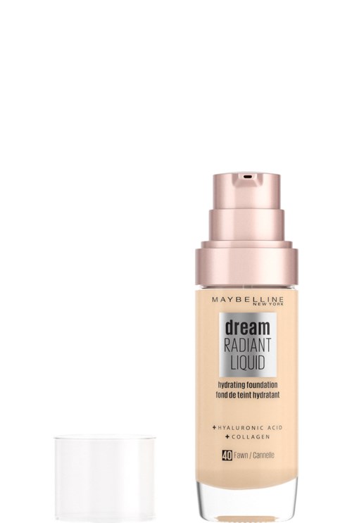 Beige nestemäinen meikkivoidepullo pumpulla ja etiketillä, joka sisältää tuotetiedot, kuten Maybelline-brändin.