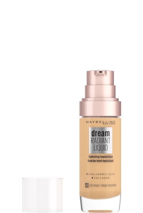 A bottle of Maybelline Dream Radiant Liquid foundation with a pump, next to a clear cap.