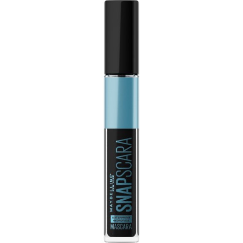 Eine kleine Tube Maybelline Snapscara wasserfeste Mascara mit hellblauer und schwarzer Verpackung.