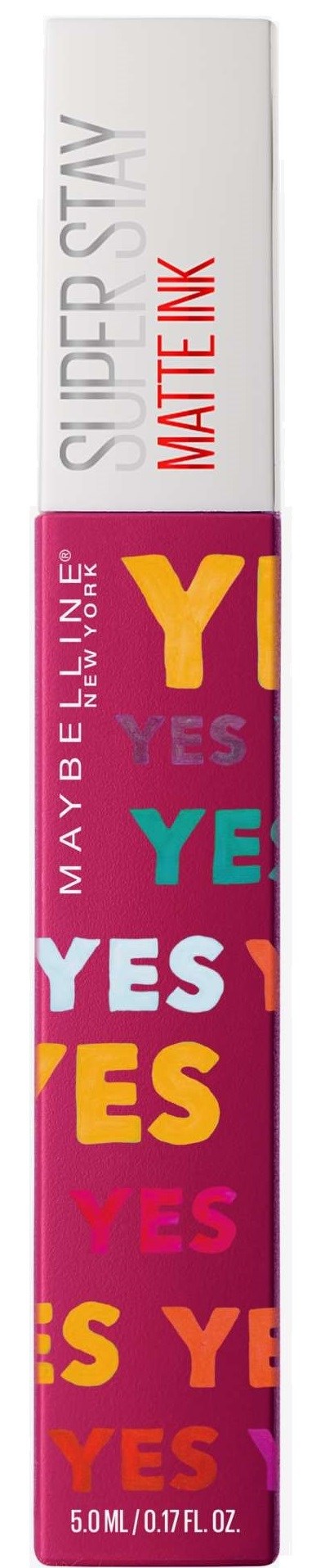 En läppstiftstift med flera YES-texter i ljusa färger, märkt Maybelline Superstay Matte Ink.