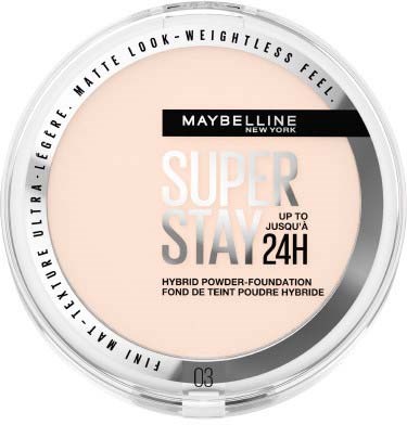 Maybelline Super Stay hybridpuderfoundationskruka i rund behållare med svart och vit etikett.