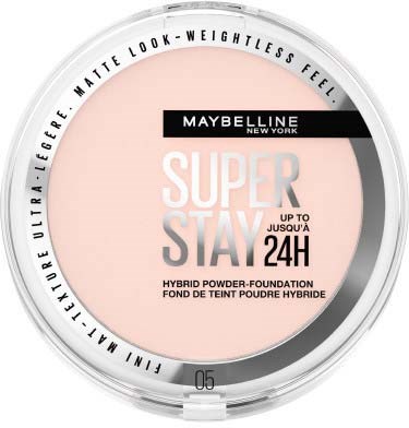 En Maybelline Super Stay foundationbehållare med rosa puder inuti. Den nämner 24 timmars hållbarhet och hybridformel.