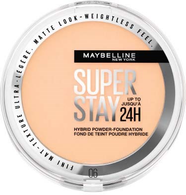 En rund Maybelline makeup-ting med beige farge, svart og hvit tekst, og en klar hette som viser produktet.
