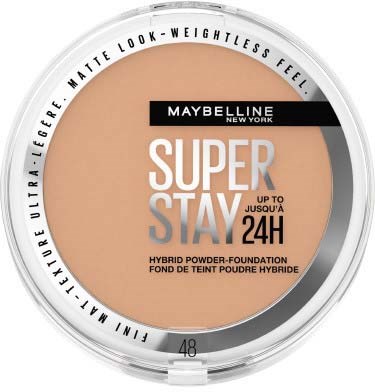 Maybellinen kompakti meikkivoide, nude väri, merkinnällä "Super Stay," 24 tunnin kestoa varten pyöreässä purkissa.