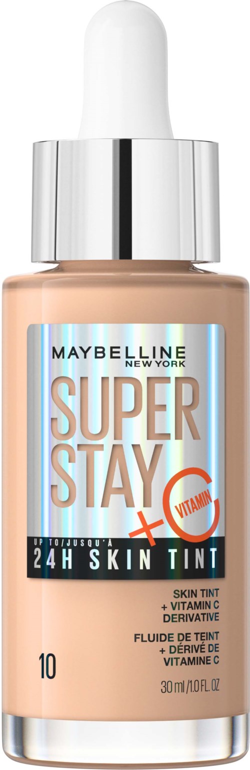 En flaske Maybelline Super Stay hudfarge med C-vitamin for langvarig dekning.