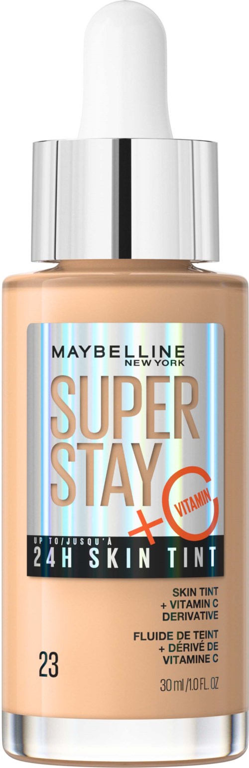 Maybelline Super Stay Hauttönung mit Vitamin C in kleiner Flasche mit weißen Deckel und Pipette.