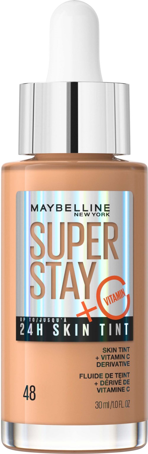 Eine Flasche Maybelline Super Stay 24H Skin Tint mit Pipette, beige und silberner Kappe.