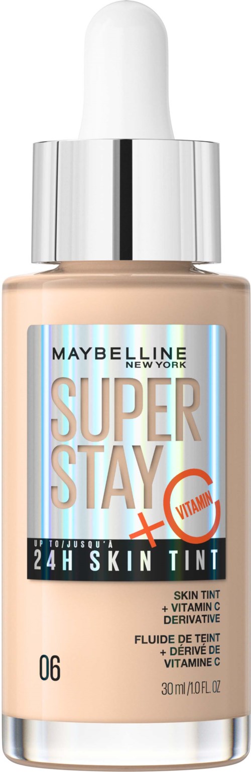 A beige liquid foundation bottle with a white dropper cap, labeled 'Maybelline Super Stay 24H Skin Tint' with vitamin C.