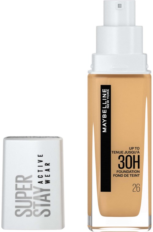 Buteleczka podkładu z pompką, marki Maybelline, do 30 godzin trwałości, z białą nakrętką z tekstem.