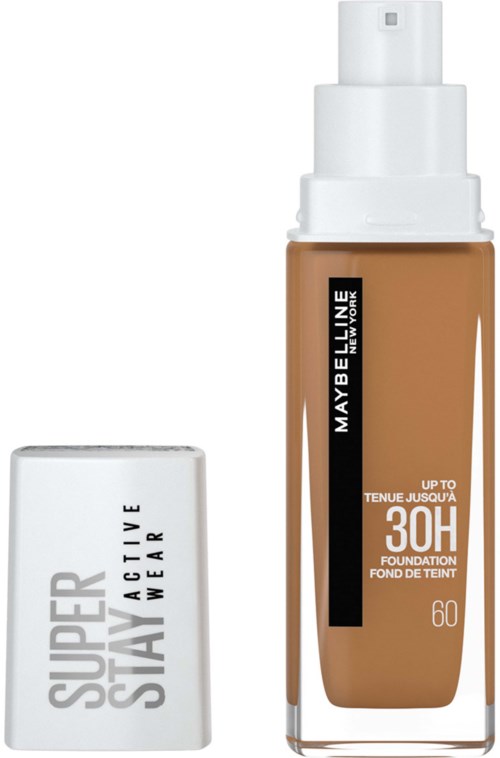 Butelka podkładu z pompką, jasnobrązowy kolor, logo Maybelline New York, i SPF 30.