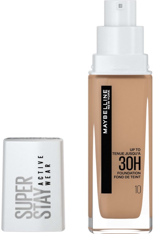 Butelka podkładu Maybelline z pompą i oznaczeniem SPF 30, obok biały nakrętka z napisem 'Super Stay'.