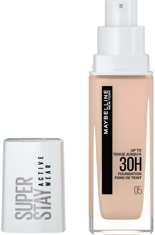 Butelka podkładu Maybelline z SPF 30, w beżowym kolorze, pokazuje krycie i ochronę przed słońcem.
