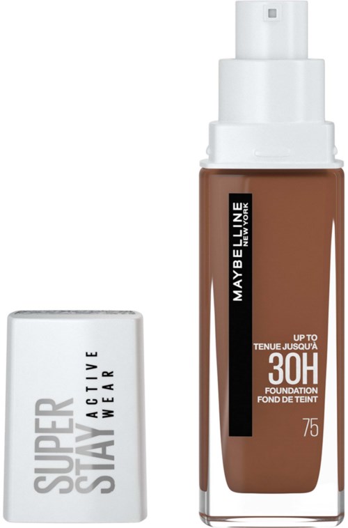 Maybelline-meikkivoidepullo pumppauksella ja valkoisella kannella, musta ja valkoinen etikettitieto.