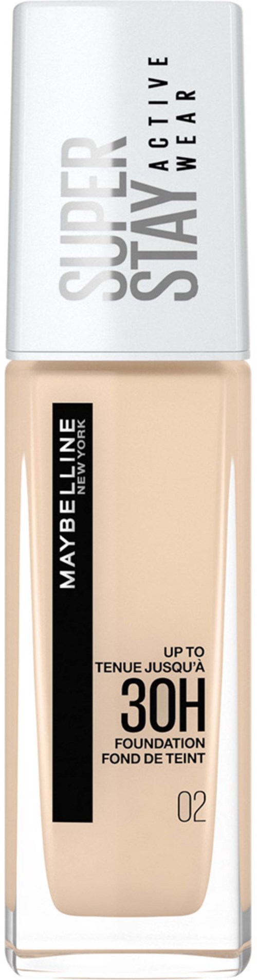 Buteleczka podkładu w kolorze beżu z czarnym i białym tekstem, biała nakrętka i logo Maybelline.