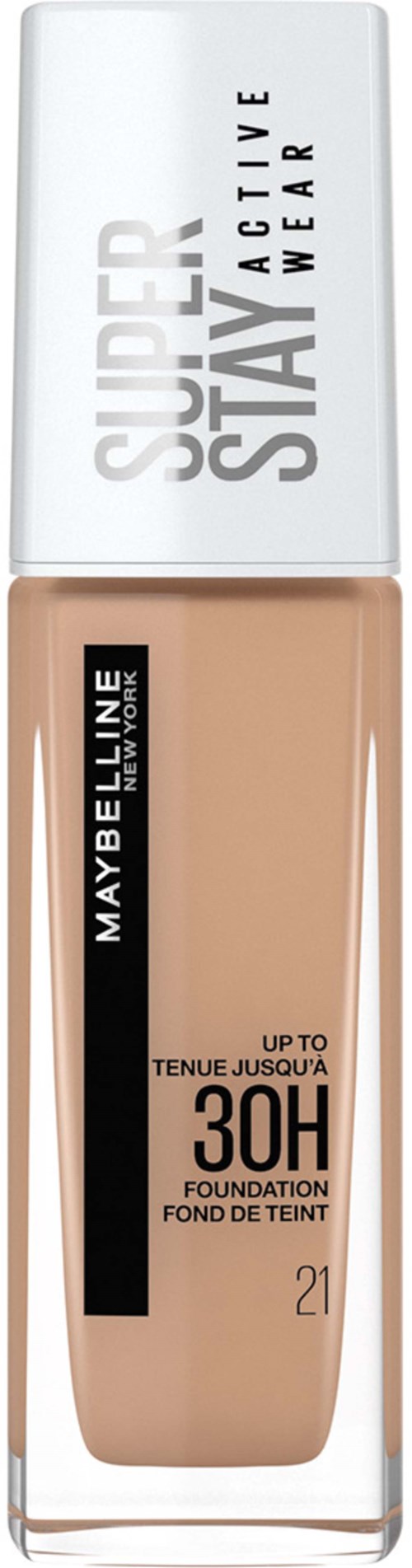 Butelka podkładu z białą zakrętką, beżowa ciecz, marka Maybelline, do 30H trwałości.