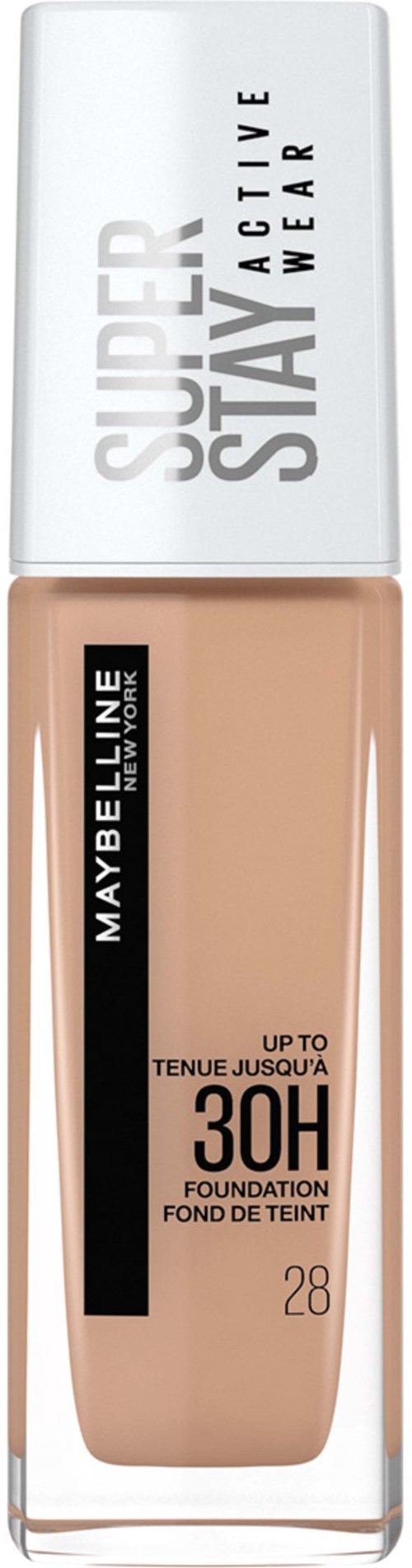 Butelka podkładu Maybelline Super Stay z SPF 30, odcień 28, zawiera beżową ciecz.