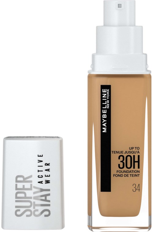 Butelka podkładu z rozpylaczem i białą nakładką, oznaczona Maybelline, do 30 godzin trwałości.