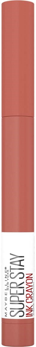 En rosa-lignende leppestift med hvit etikett som sier 'Super Stay Ink Crayon' og en fargehette.