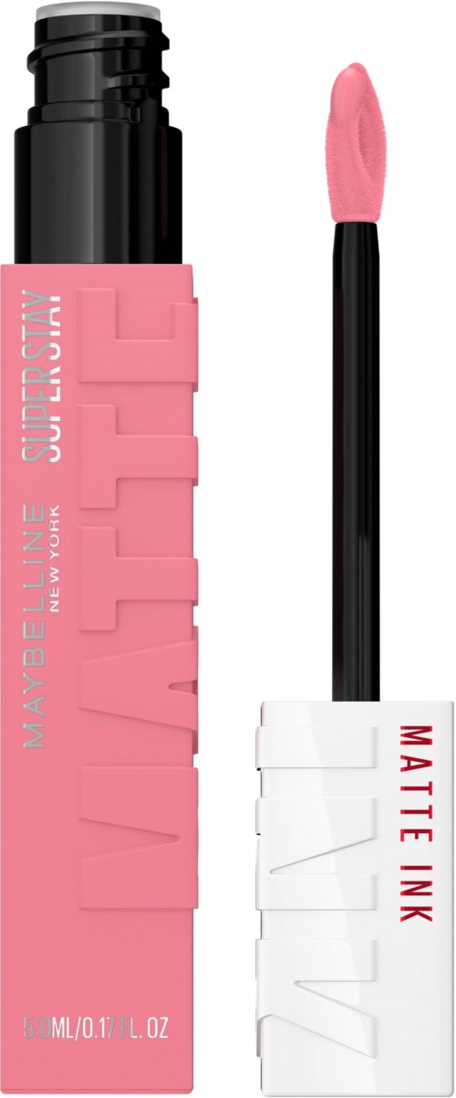 Lippenstift mit pinker Farbe, schwarzem Applikator und weißer Tube. Produkt von Maybelline. Vergrößert zur Wirkung.