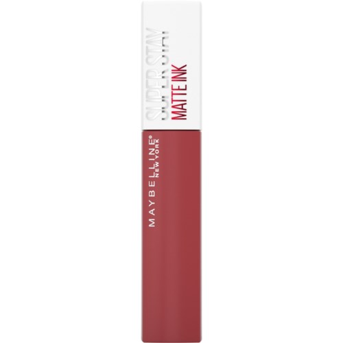 En läppstiftsrör med rött läppstift och vit topp, märkt Maybelline, New York, Matte Ink.