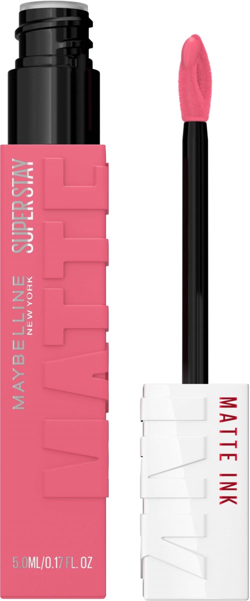 En rosa læbestift med sort hætte og applikator, mærket "Maybelline Superstay Matte Ink."