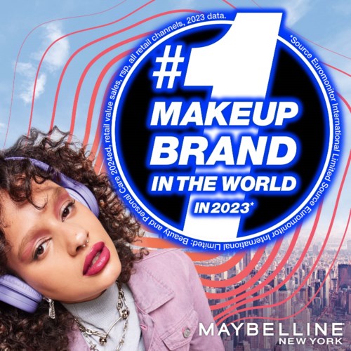 Logotyp som hyllar Maybellines ranking som världens bästa makeupmärke 2023.