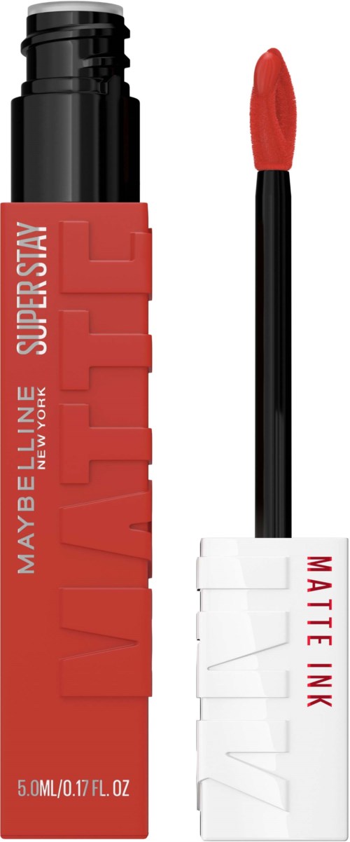 En Maybelline læbestift med rød beholder og en børsteapplikator. Teksten siger 'Matte Ink' og 'Super Stay' på emballagen.