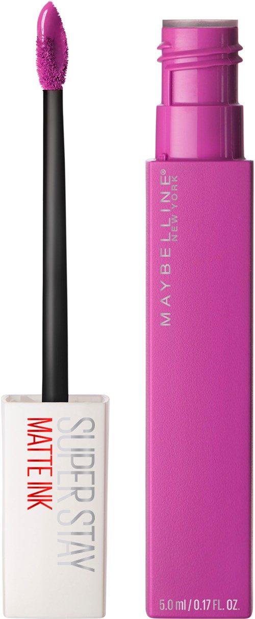 En rosa Maybelline läppglans med en svart applikator och en rosa behållare. Glanset är öppet och visar applikatorn.
