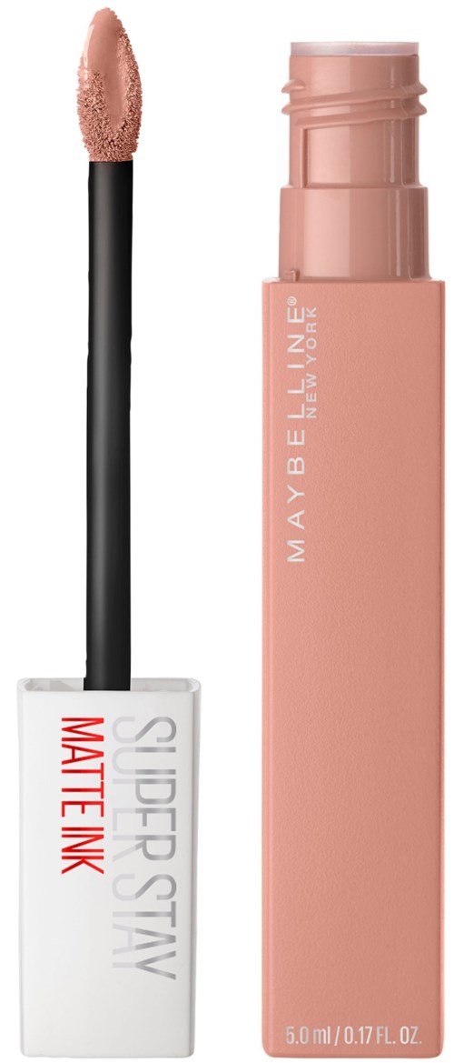 Ett rosa Maybelline läppstift med en glansborste bredvid, båda har enkel förpackning.