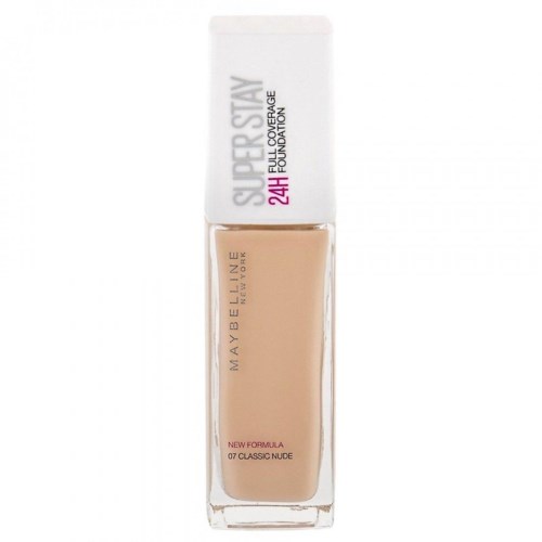 Butelka podkładu Maybelline w płynnej formie, oznaczona 'Super Stay 24H' w jasnobeżowym kolorze.