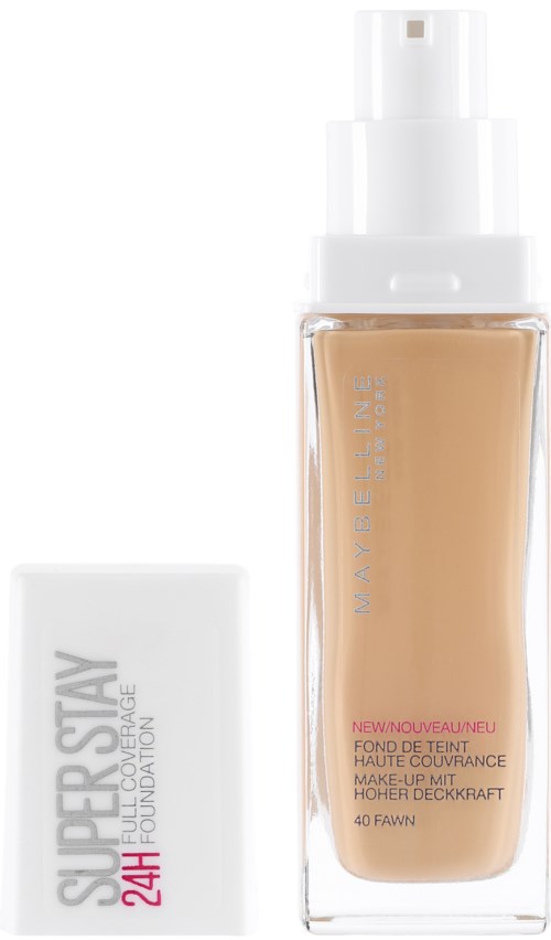 Butelka podkładu w płynie z białą pompką i białą nakrętką, oznaczona Maybelline i Super Stay.