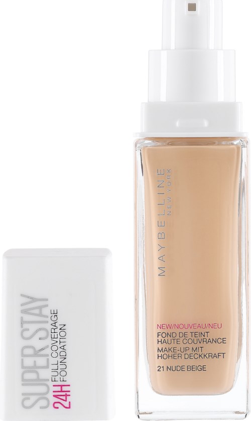 Butelka podkładu Maybelline i biały kwadratowy puder o nazwie 'Super Stay 24H'.